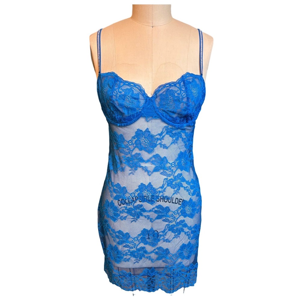 Y2K Rhinestone Lace Victoria's Secret Slip Dress L Blue